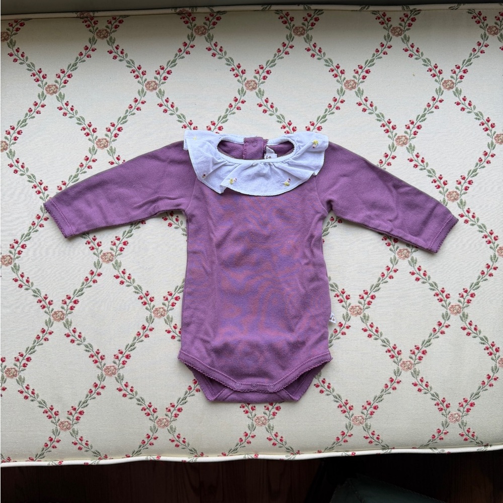 Bonpoint Lavender Long Sleeve Bodysuit with Ruffled Collar